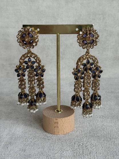 Ayura Designs Soraya Earrings – Ink Blue Stones, Champagne Crystals, Pearl Detailing & Gold Finish