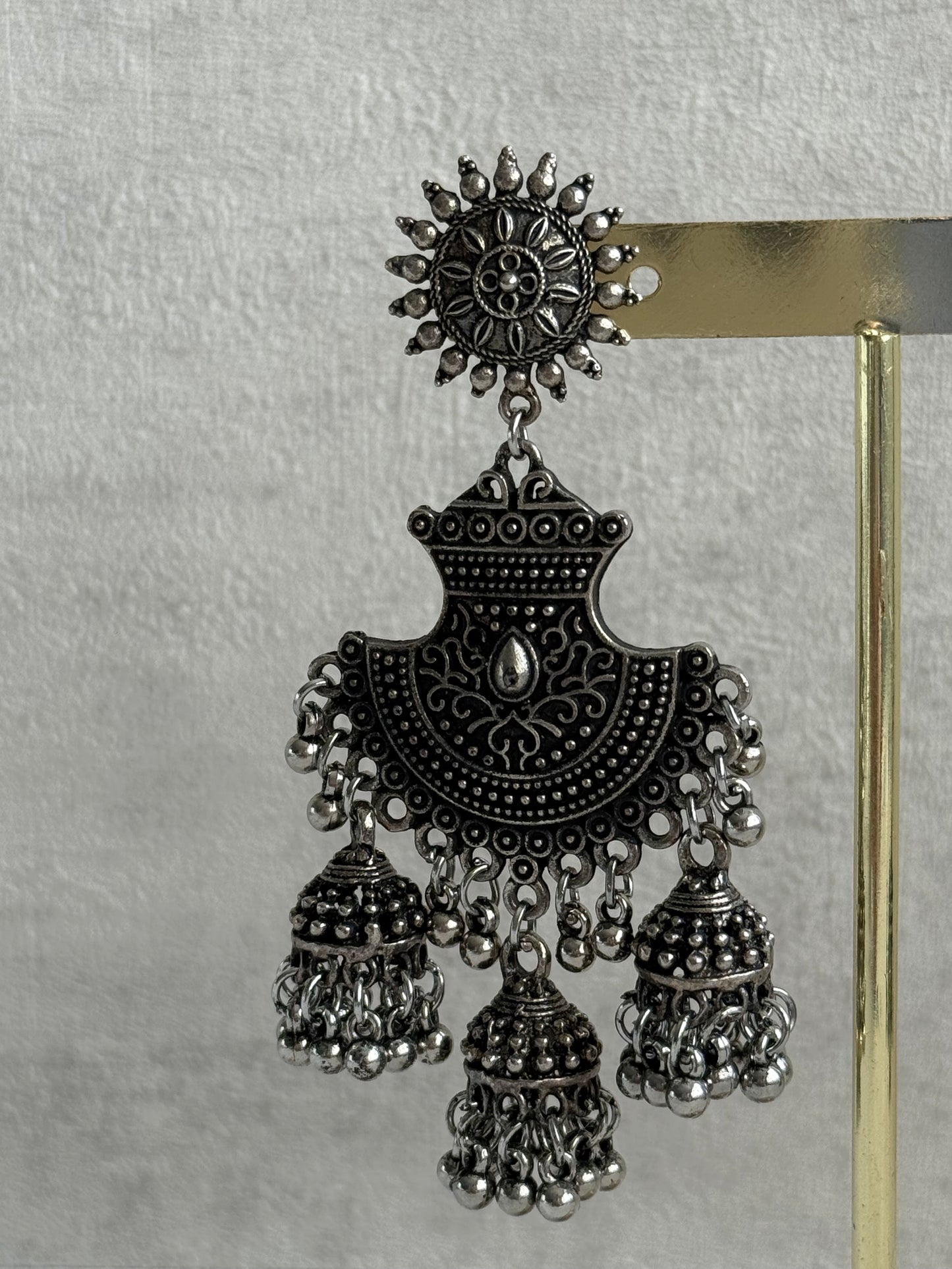 Ayura Designs Mahfar Earrings – Oxidised Silver Jhumkas with Sunburst Tops & Triple Dome Drops