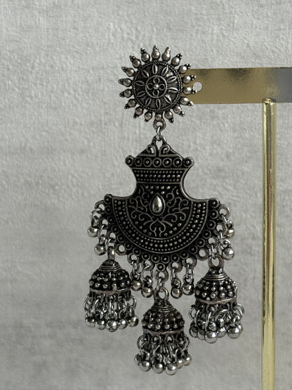 Ayura Designs Mahfar Earrings – Oxidised Silver Jhumkas with Sunburst Tops & Triple Dome Drops