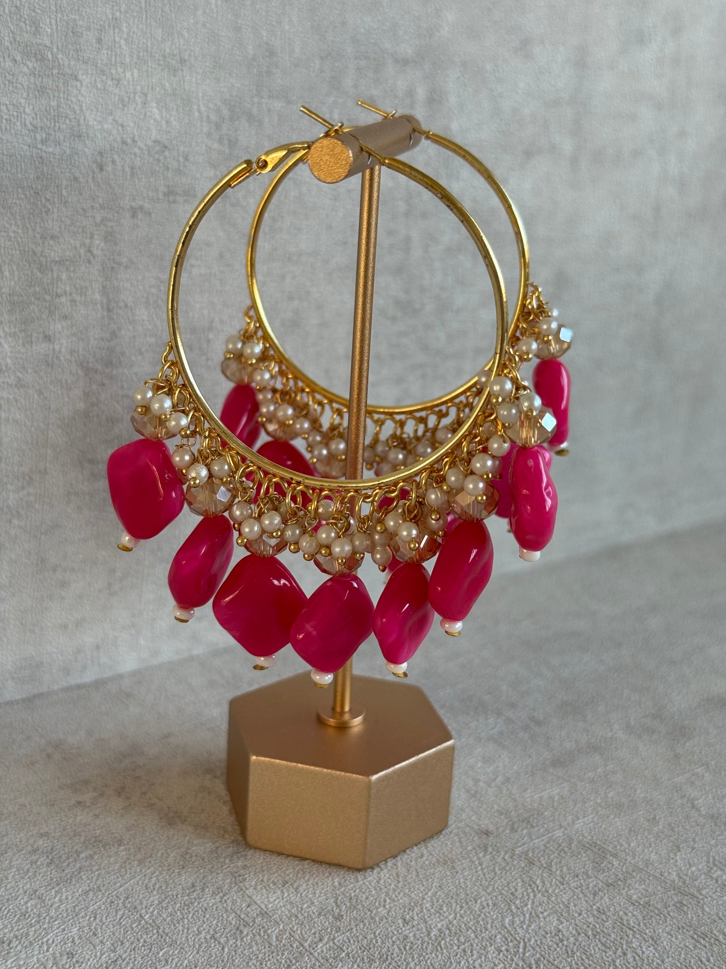 Ayura Designs Heer Balis – Gold Hoops with Hot Pink Marble Beads, Pearls & Crystal Detailing