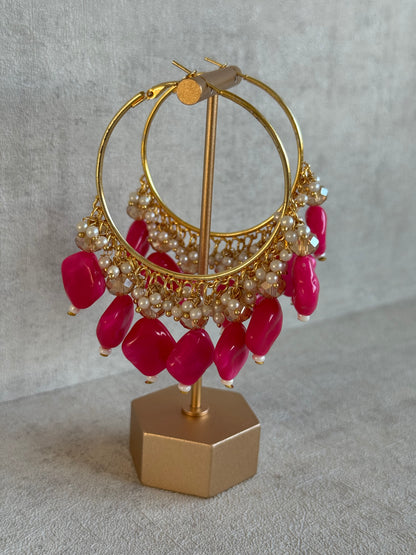 Ayura Designs Heer Balis – Gold Hoops with Hot Pink Marble Beads, Pearls & Crystal Detailing