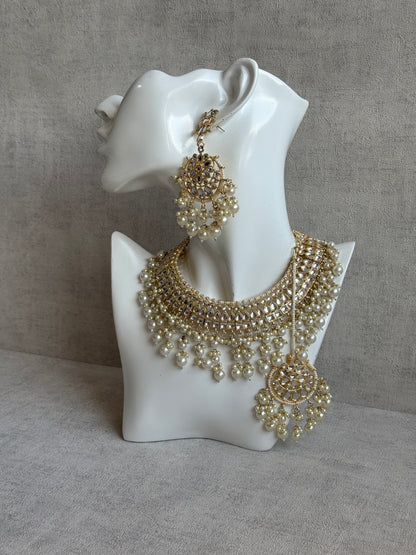 Ayura Designs Fakhra Set with Necklace, Earrings & Tikka – Mirror-Cut Stones, Pearl Detailing & Gold Finish