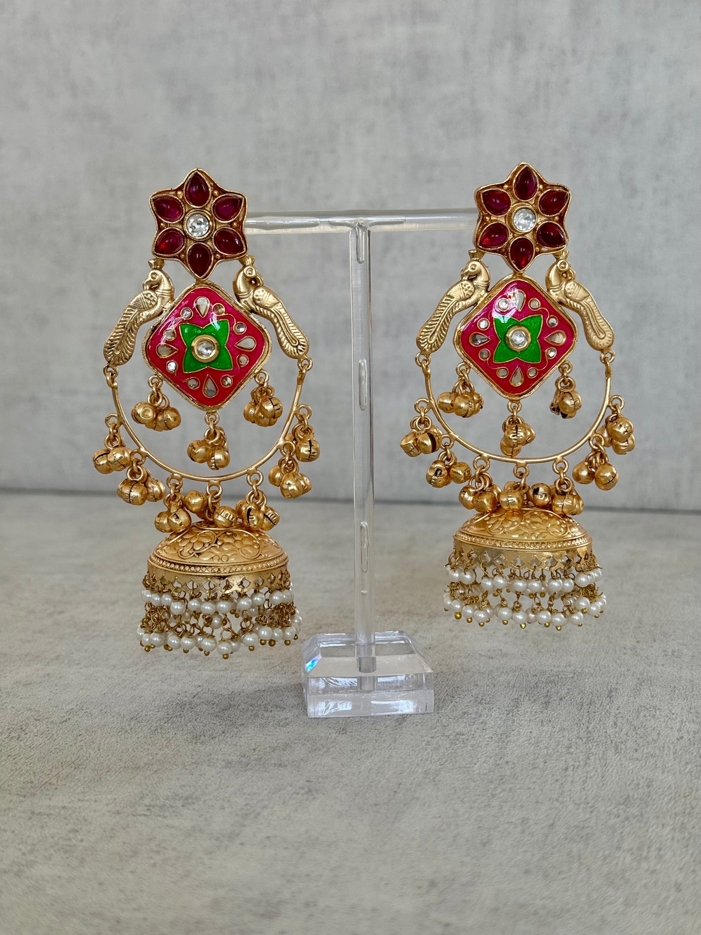 Ayura Designs Farida Earrings – Brass Jhumka Earrings with Ruby & Green Enamel, Bird Motifs and Pearl Dangling Drops