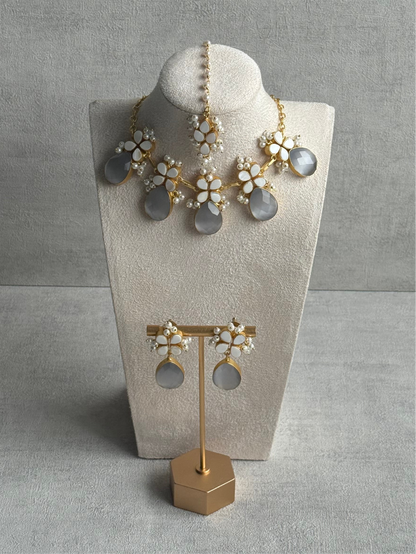 Ayura Designs Arianell Set with Necklace, Earrings & Tikka – Moonstone Grey Drops, Floral Motifs & Pearls