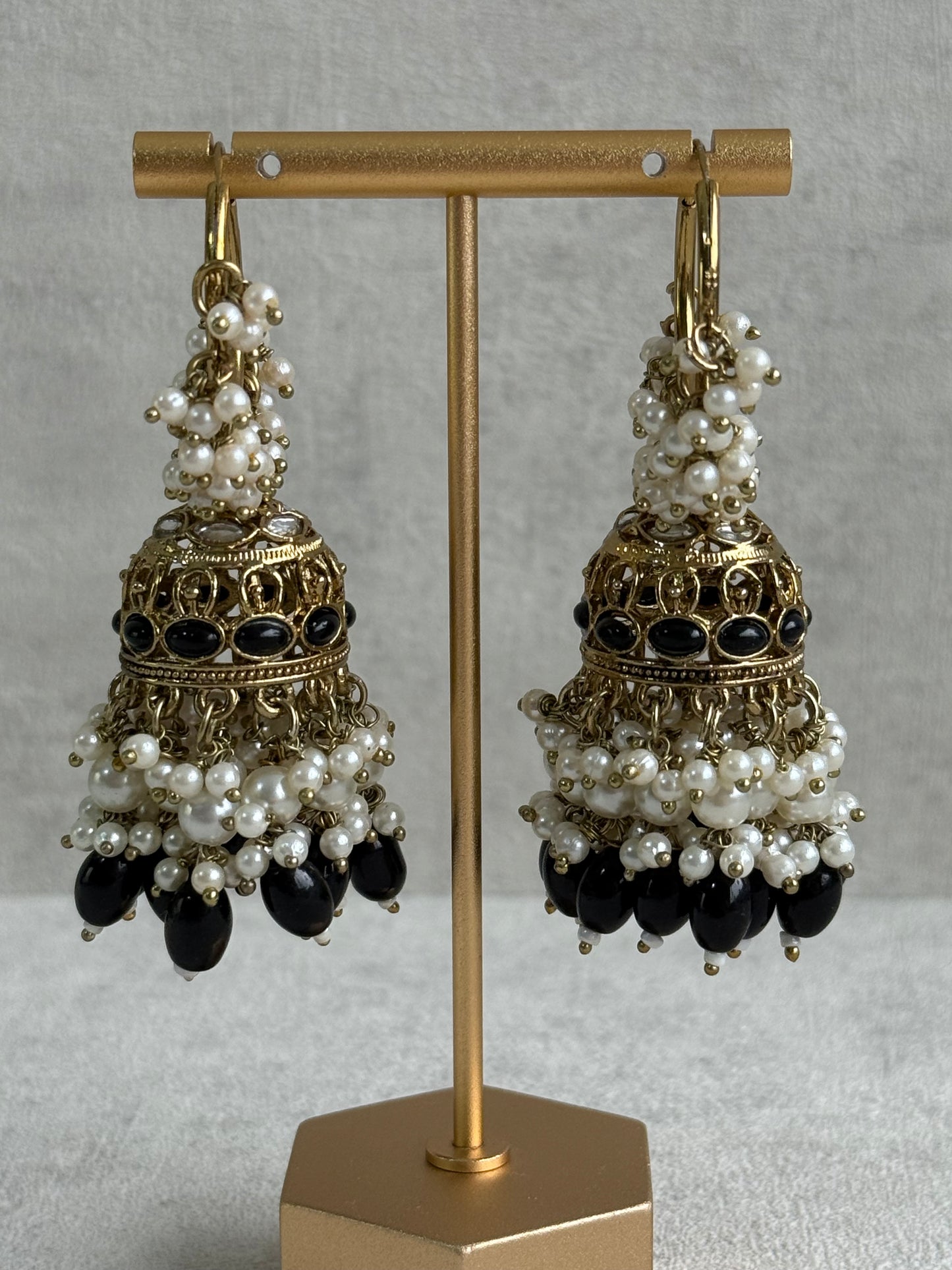 Ayura Designs Jugni Jhumkis – Antique Gold Balis with Black Beads & Pearl Clusters