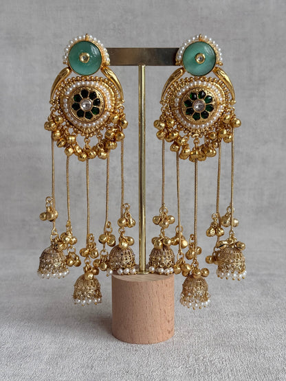 Ayura Designs Shagan Earrings – Mint Green Statement Earrings with Multi Jhumki Drops, Pearl Detailing & Ghungroo Accents