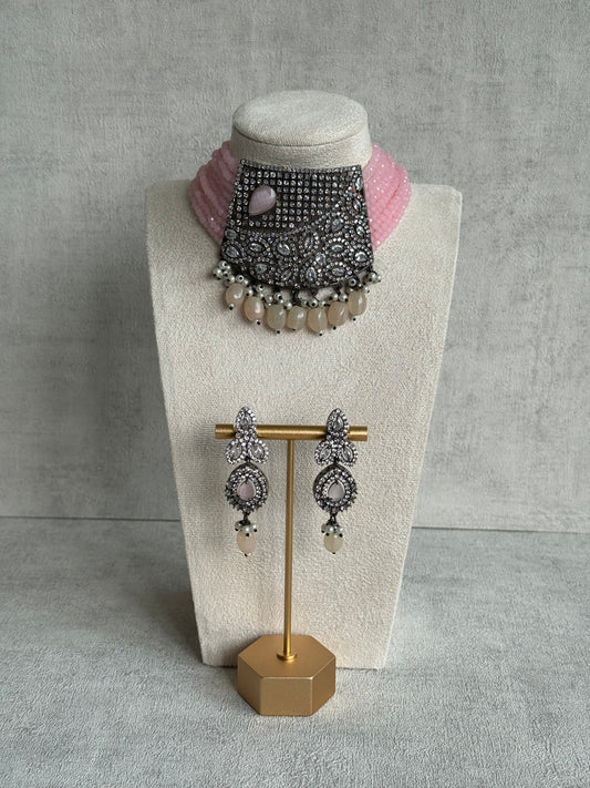 Ayura Designs Summer Choker Set with Earrings – Blush Pink Beads & Oxidised Silver Finish