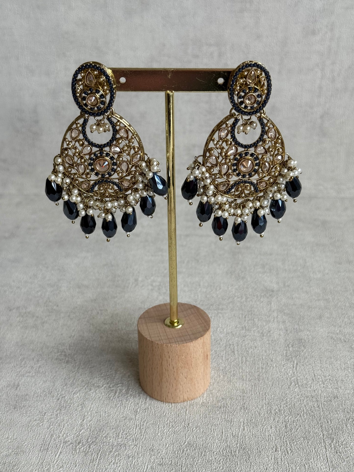 Ayura Designs Almas Tikka Set with Earrings, Tikka & Sahara – Midnight Blue Beads & Antique Gold Finish