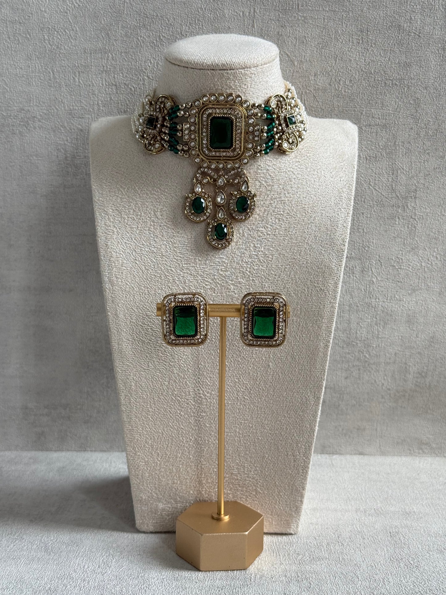 Ayura Designs Nabiha Choker Set with Studs – Emerald Green Stones, Pearl Detailing & Antique Gold Finish