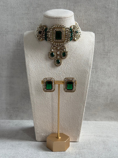 Ayura Designs Nabiha Choker Set with Studs – Emerald Green Stones, Pearl Detailing & Antique Gold Finish