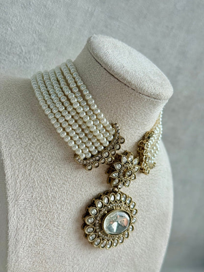 Ayura Designs Amaya Necklace Set with Studs – Antique Finish in Crystal Stones with Pearl Strands