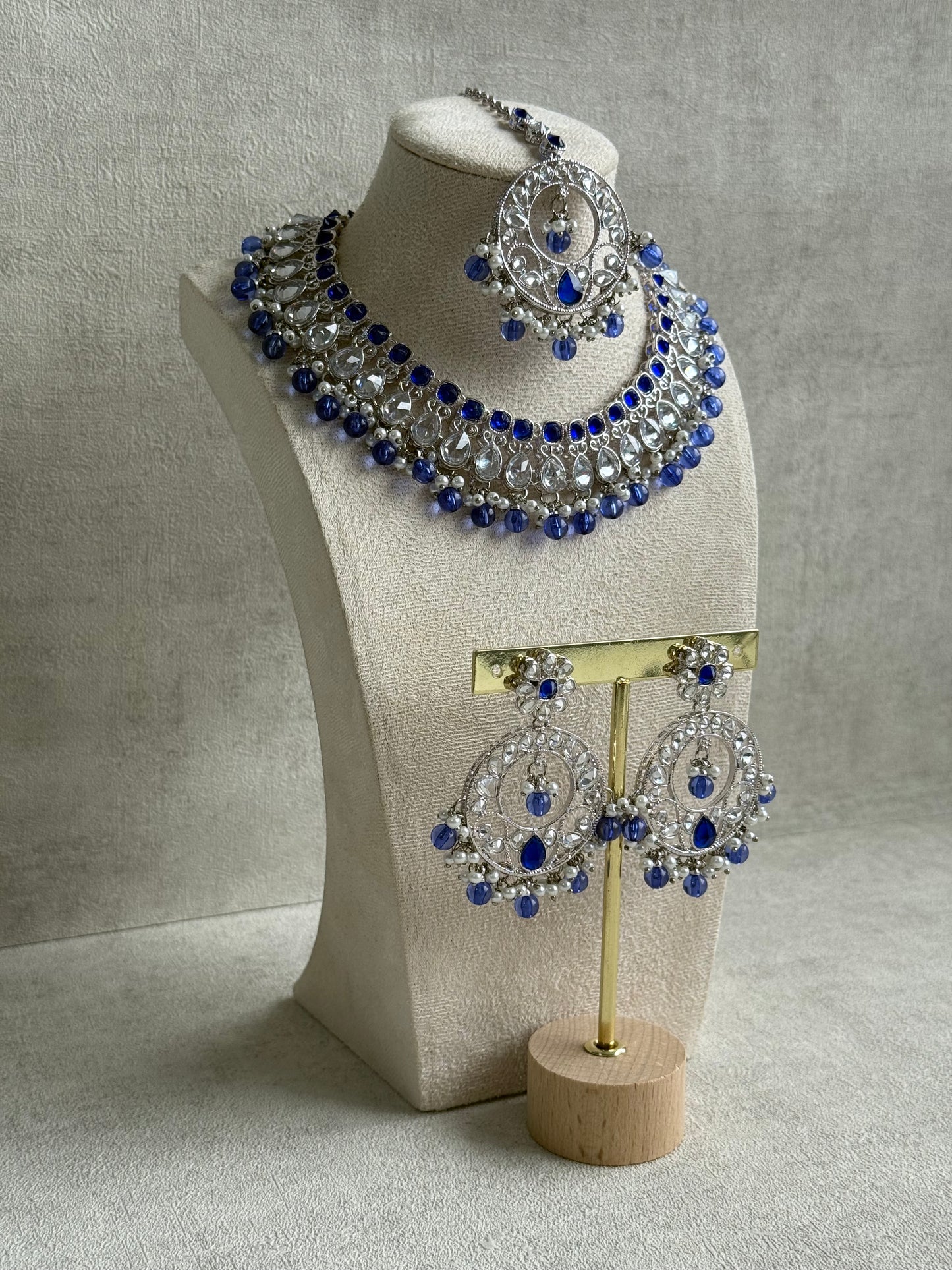 Ayura Designs Rija Set – Necklace, Earrings & Tikka with Ink Blue Beads, Mirror-Cut Stones & Silver Finish