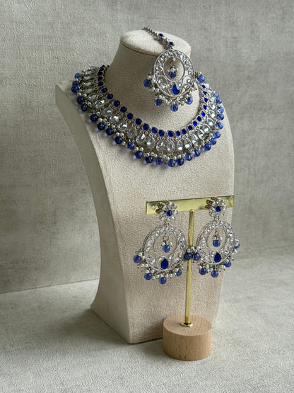 Ayura Designs Rija Set – Necklace, Earrings & Tikka with Ink Blue Beads, Mirror-Cut Stones & Silver Finish
