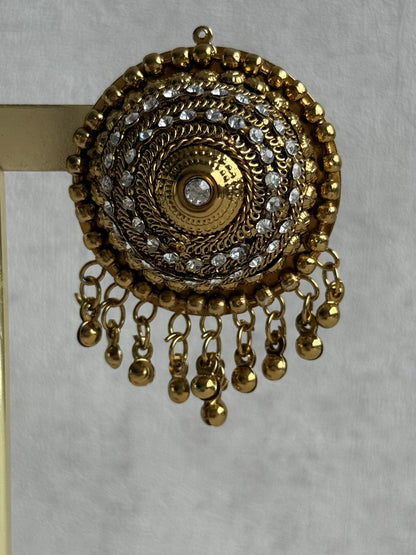 Ayura Designs Mitwa Earrings – Antique Gold Studs with Crystal Stones & Ghungroo Fringe