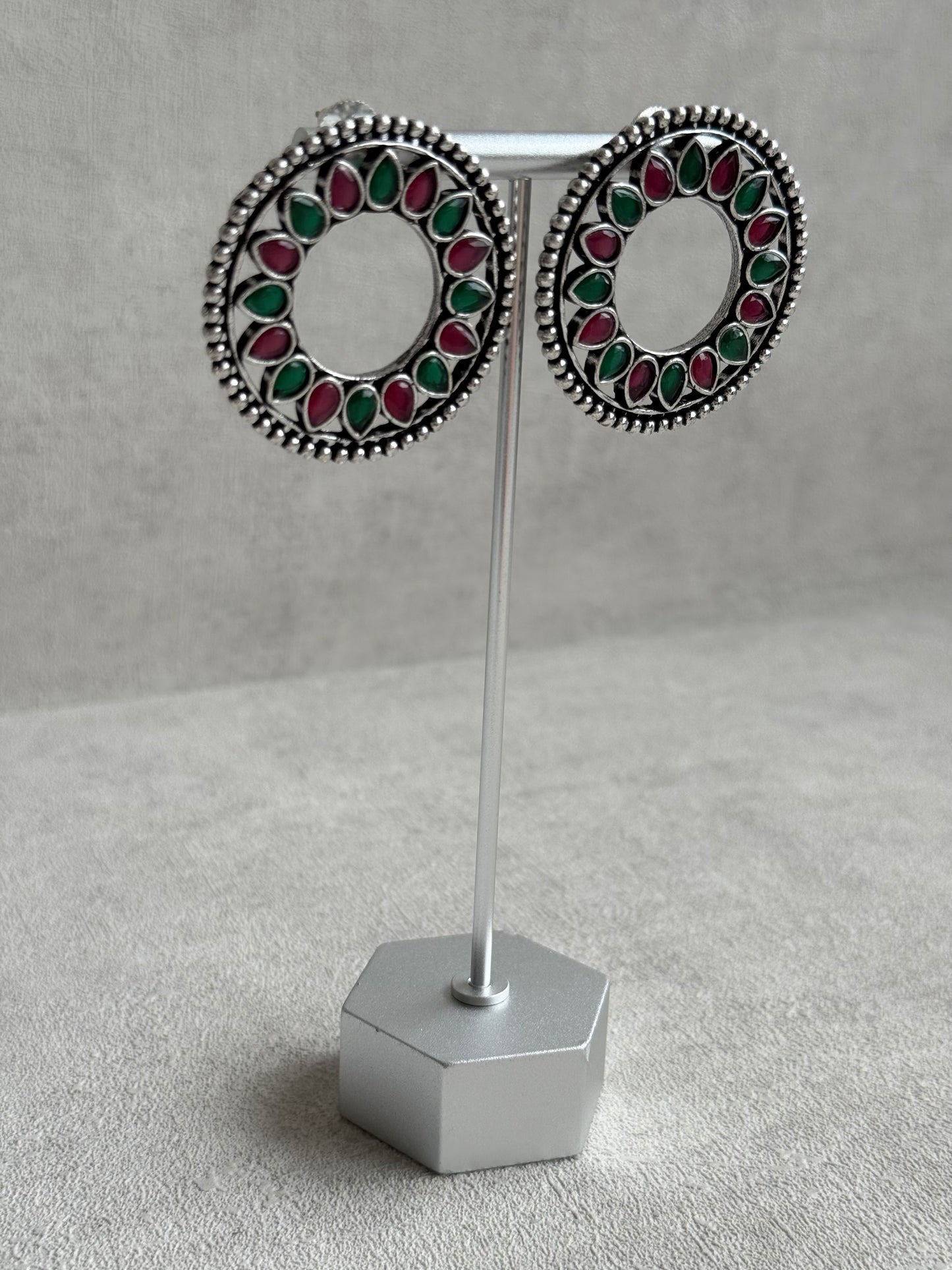 Ayura Designs Kesar Studs – Statement Oxidised Stud Earrings with Ruby Pink & Emerald Stones