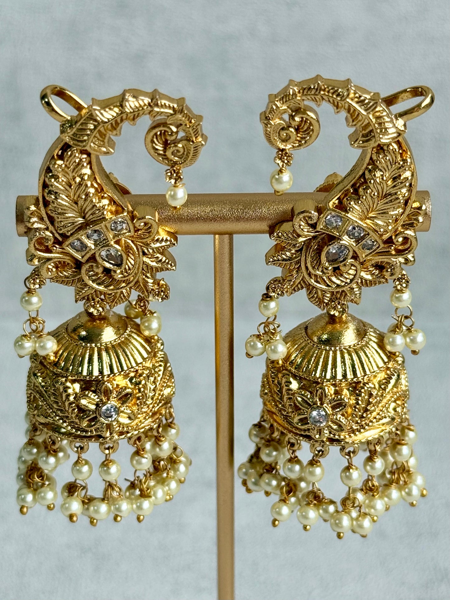 Ayura Designs Anika Jhumkis – Gold Half Ear Cuffs with Floral Motif, Kundan Crystals & Pearl Jhumka Drops