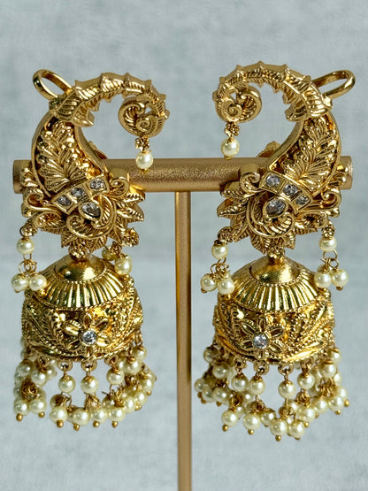 Ayura Designs Anika Jhumkis – Gold Half Ear Cuffs with Floral Motif, Kundan Crystals & Pearl Jhumka Drops