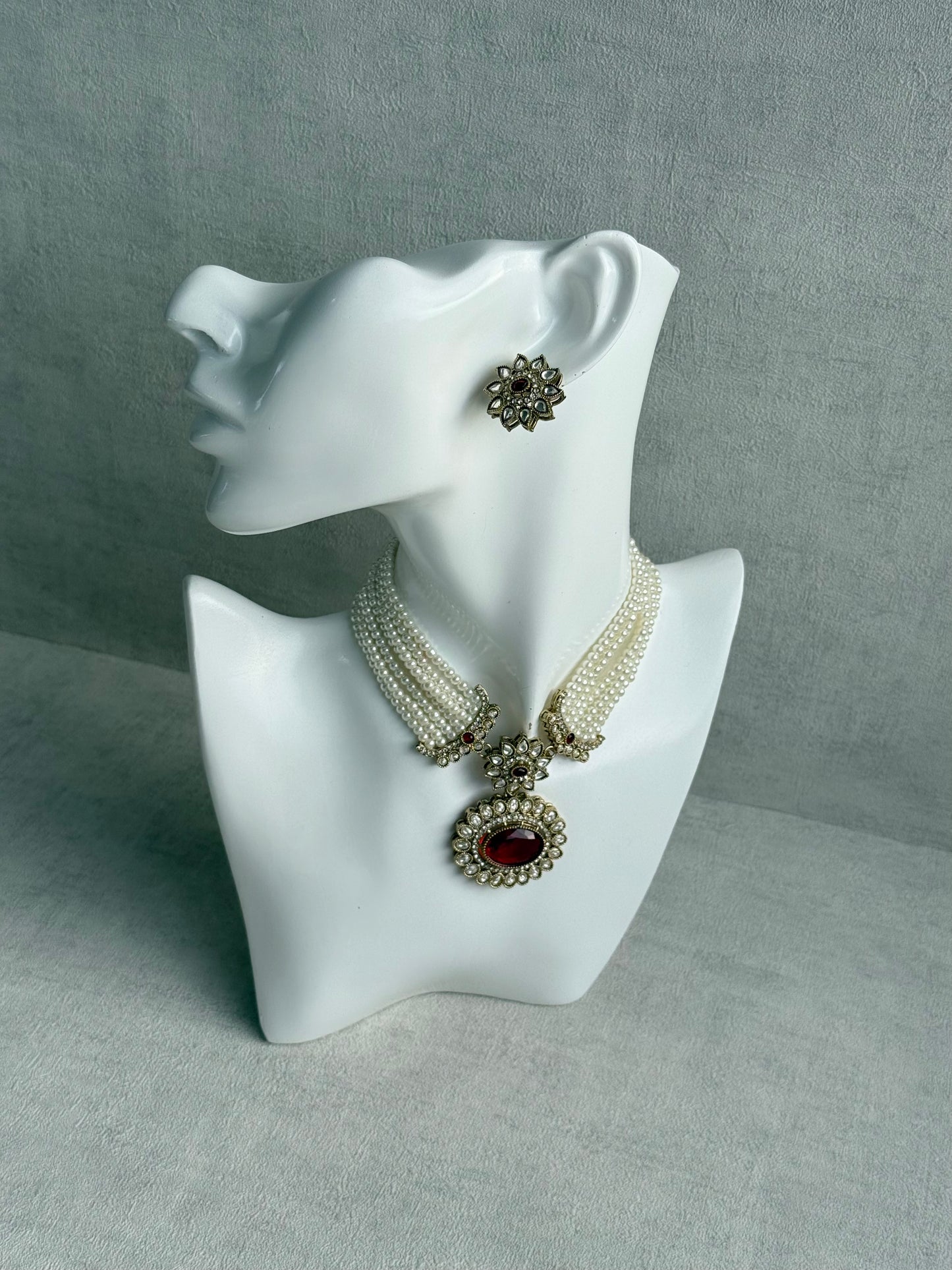 Ayura Designs Amaya Necklace Set with Studs – Antique Finish in Ruby Red Stones with Pearl Strands