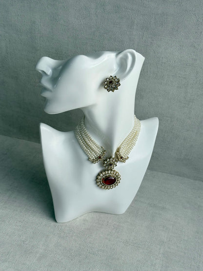 Ayura Designs Amaya Necklace Set with Studs – Antique Finish in Ruby Red Stones with Pearl Strands
