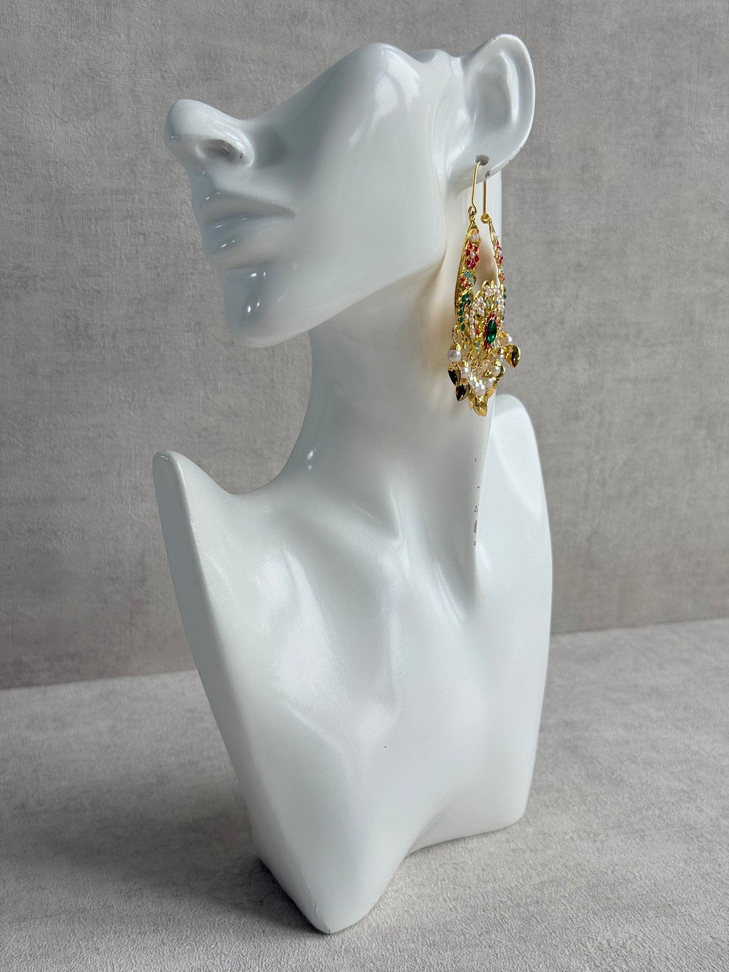 Ayura Designs Nimrat Balis – Emerald Green & Multicolour Stones, Ivory Pearl Beads & Pippal Patti, Gold Finish