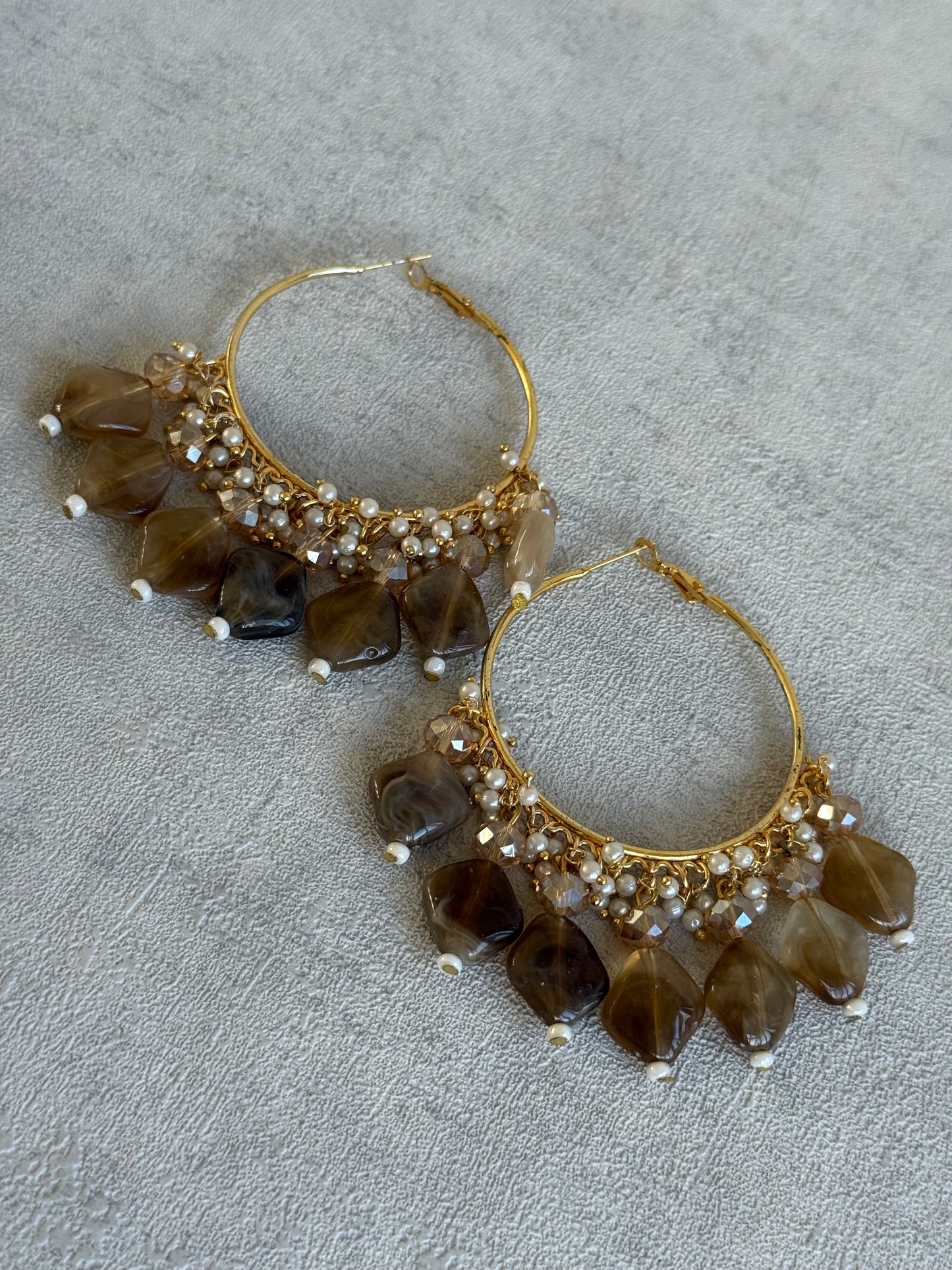 Ayura Designs Heer Balis – Gold Hoops with Mocha Marble Beads, Pearls & Crystal Detailing