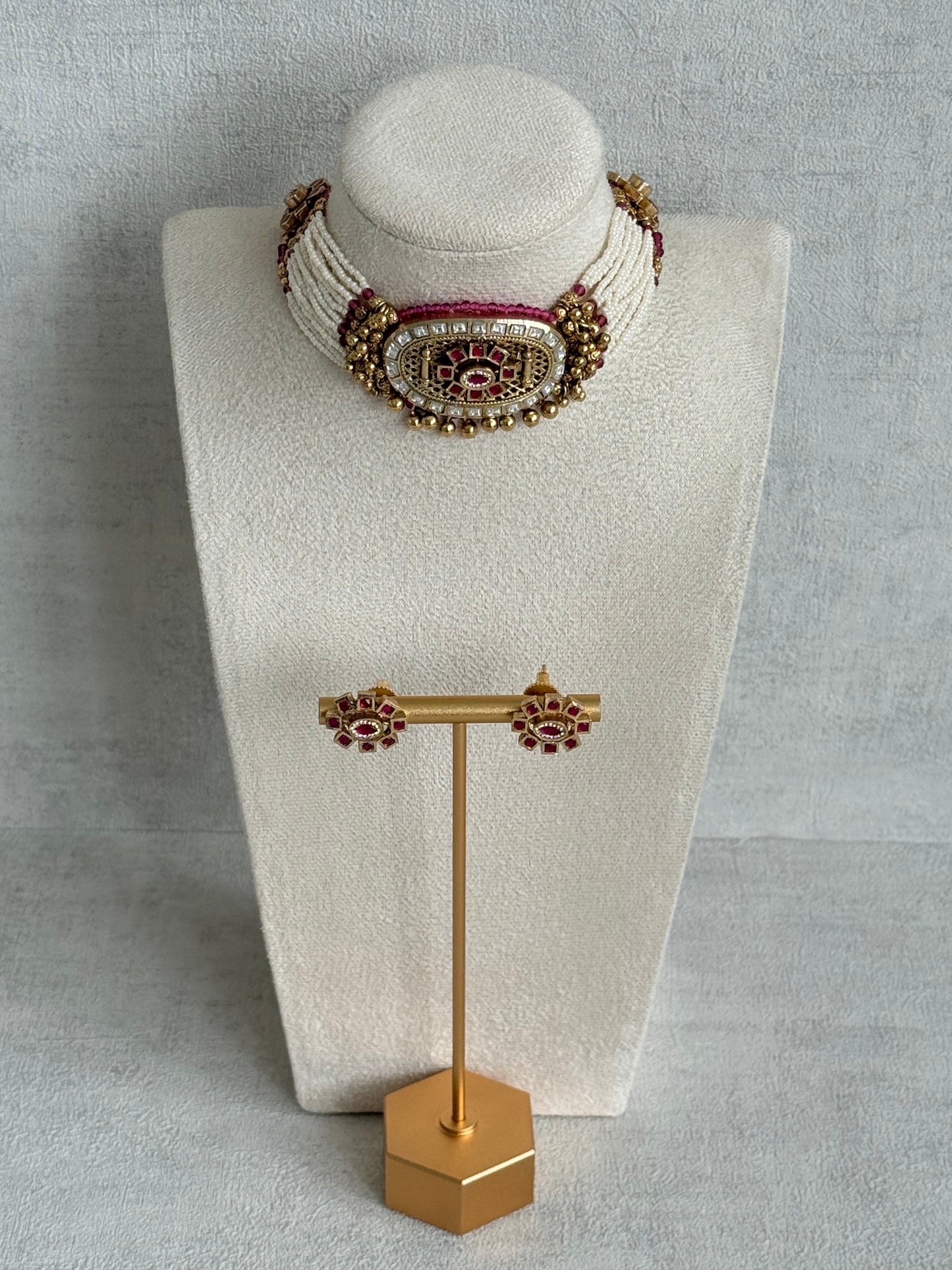 Ayura Designs Amiri Choker Set with Stud Earrings – Ruby Pink Stones, Pearl Strands & Moissanite Detailing