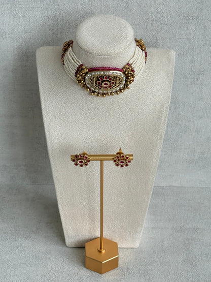 Ayura Designs Amiri Choker Set with Stud Earrings – Ruby Pink Stones, Pearl Strands & Moissanite Detailing
