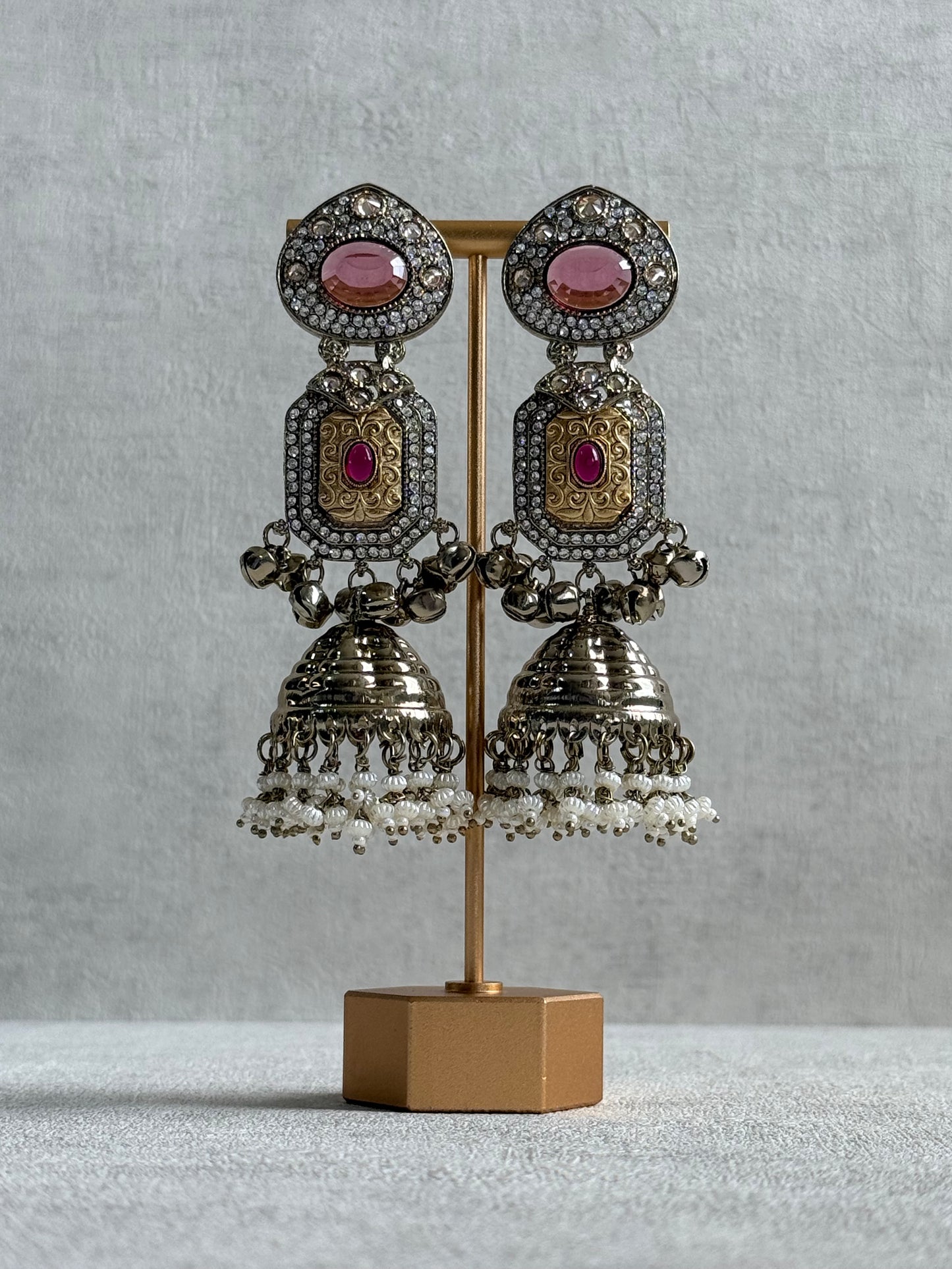 Ayura Designs Maara Jhumkis – Champagne Gold with Rose Pink & Rani Pink Stones, Crystals, Ghungroos & Pearl Detailing