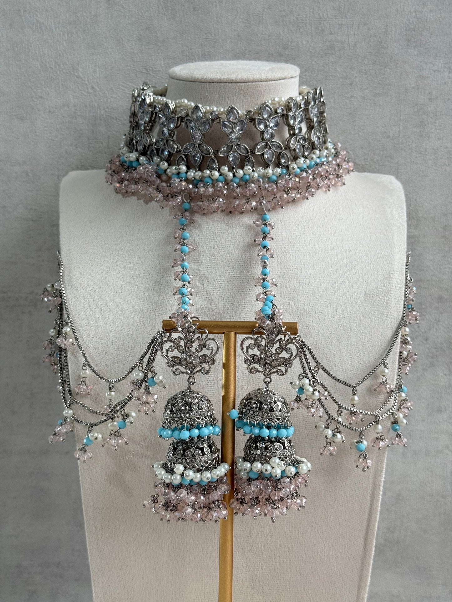 Ayura Designs Arasi Set with Choker, Passa, Tikka & Sahare Jhumkis – Antique Silver with Blush Pink Crystals, Aqua Blue Beads & Ivory Pearls
