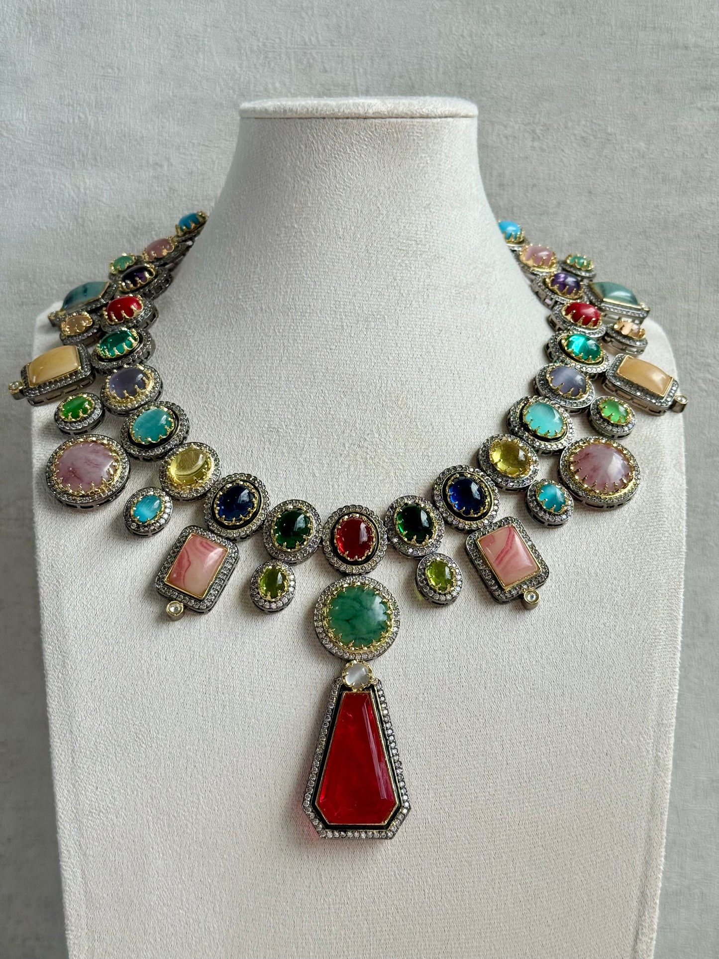 Ayura Designs Ophelia Set with Necklace & Earrings – Navratan Stone Detailing with Antique Silver Finish