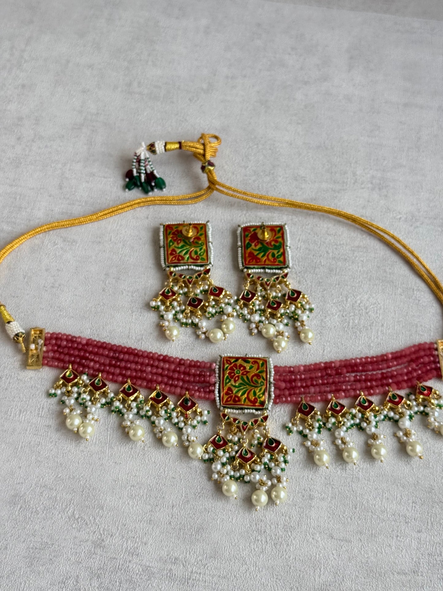 Ayura Designs Sabeera Meenakari Kundan Choker Set with Earrings – Blush Pink Beads & Pearl Detailing