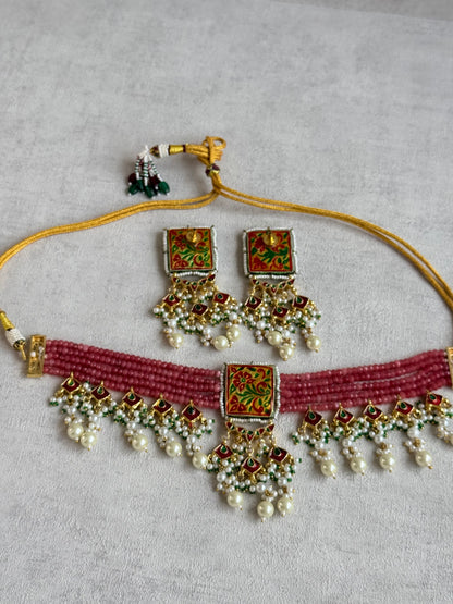 Ayura Designs Sabeera Meenakari Kundan Choker Set with Earrings – Blush Pink Beads & Pearl Detailing