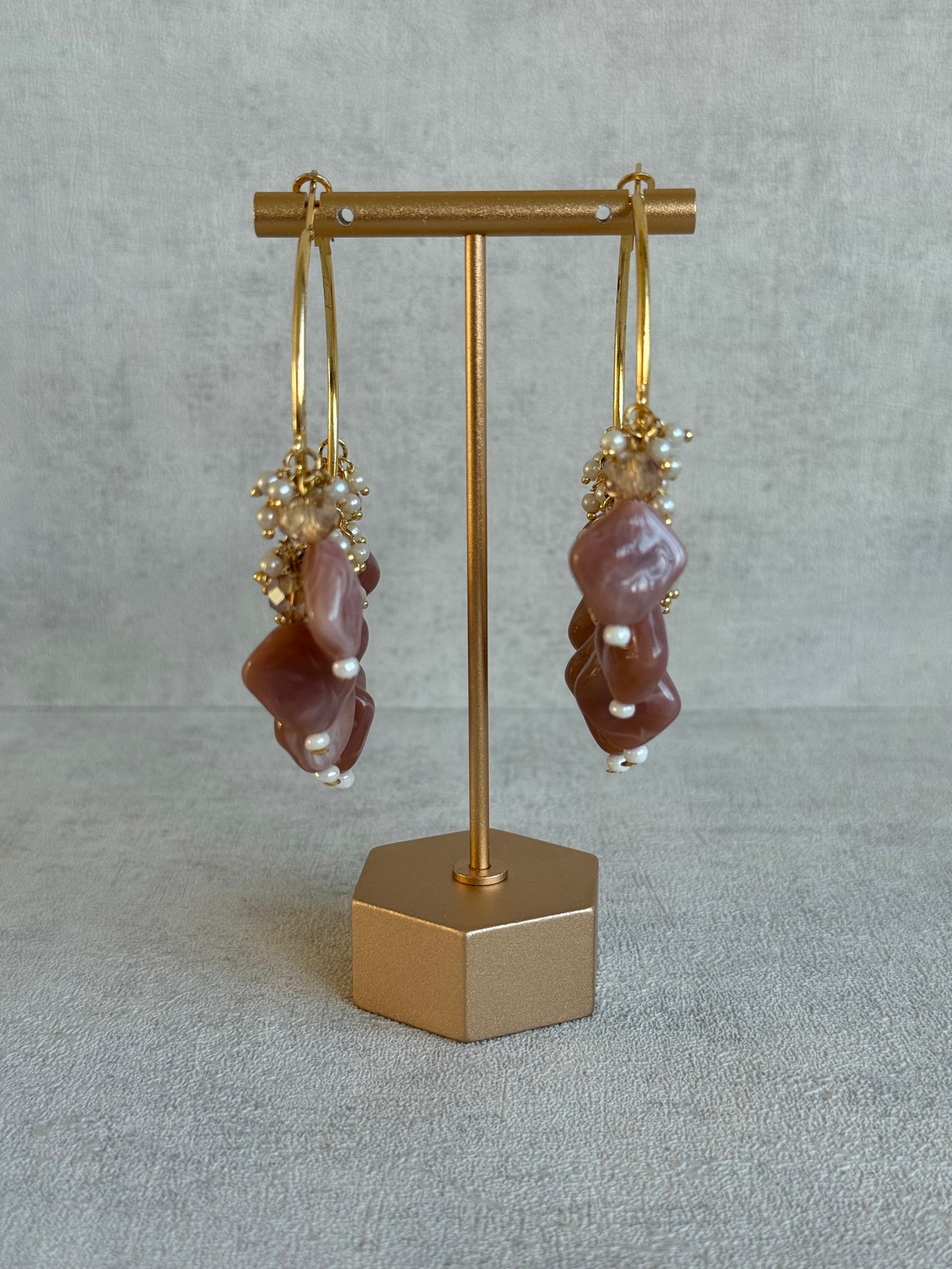 Ayura Designs Heer Balis – Gold Hoops with Dusty Rose Marble Beads, Pearls & Crystal Detailing