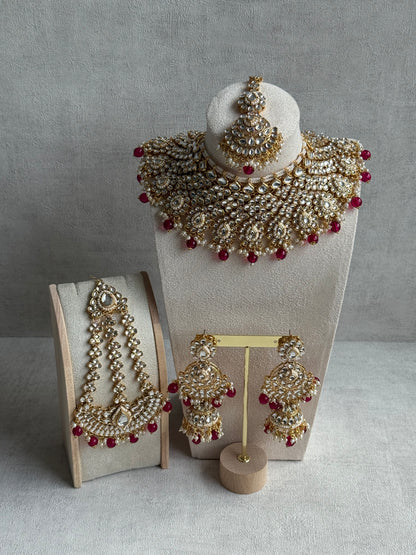Ayura Designs Suhag Set – Bridal Necklace, Jhumkis & Tikka with Pink Beads, Pearl Detailing & Gold-Finish Kundan