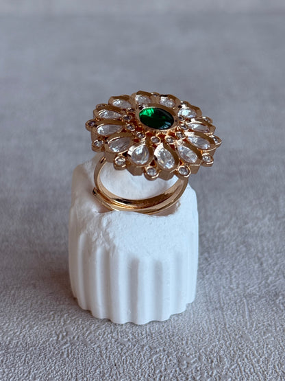 Ayura Designs Luisa Adjustable Ring – Emerald Green Centre Stone with Crystal Petal Detailing