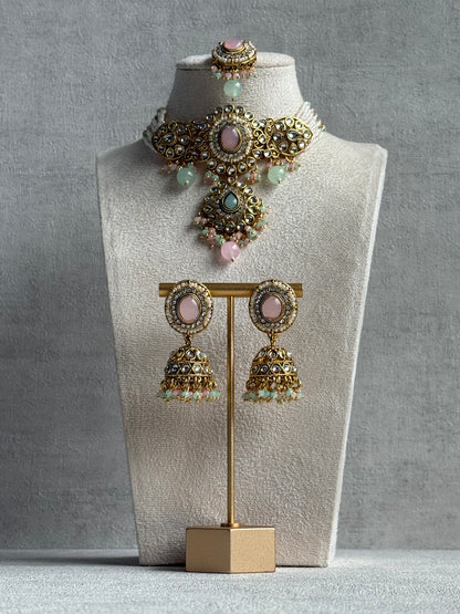 Ayura Designs Muskaan Set – Choker, Jhumkis & Tikka with Blush Pink & Mint Beads, Kundan Stones & Antique Gold Finish