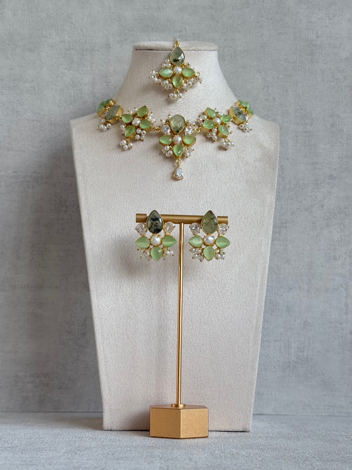 Ayura Designs Zaria Set with Tikka & Earrings – Prehnite with Pearls & Crystals