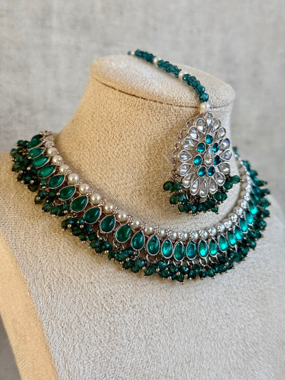 Ayura Designs Saima Set – Necklace, Jhumkis & Tikka in Peacock Green with Silver Finish