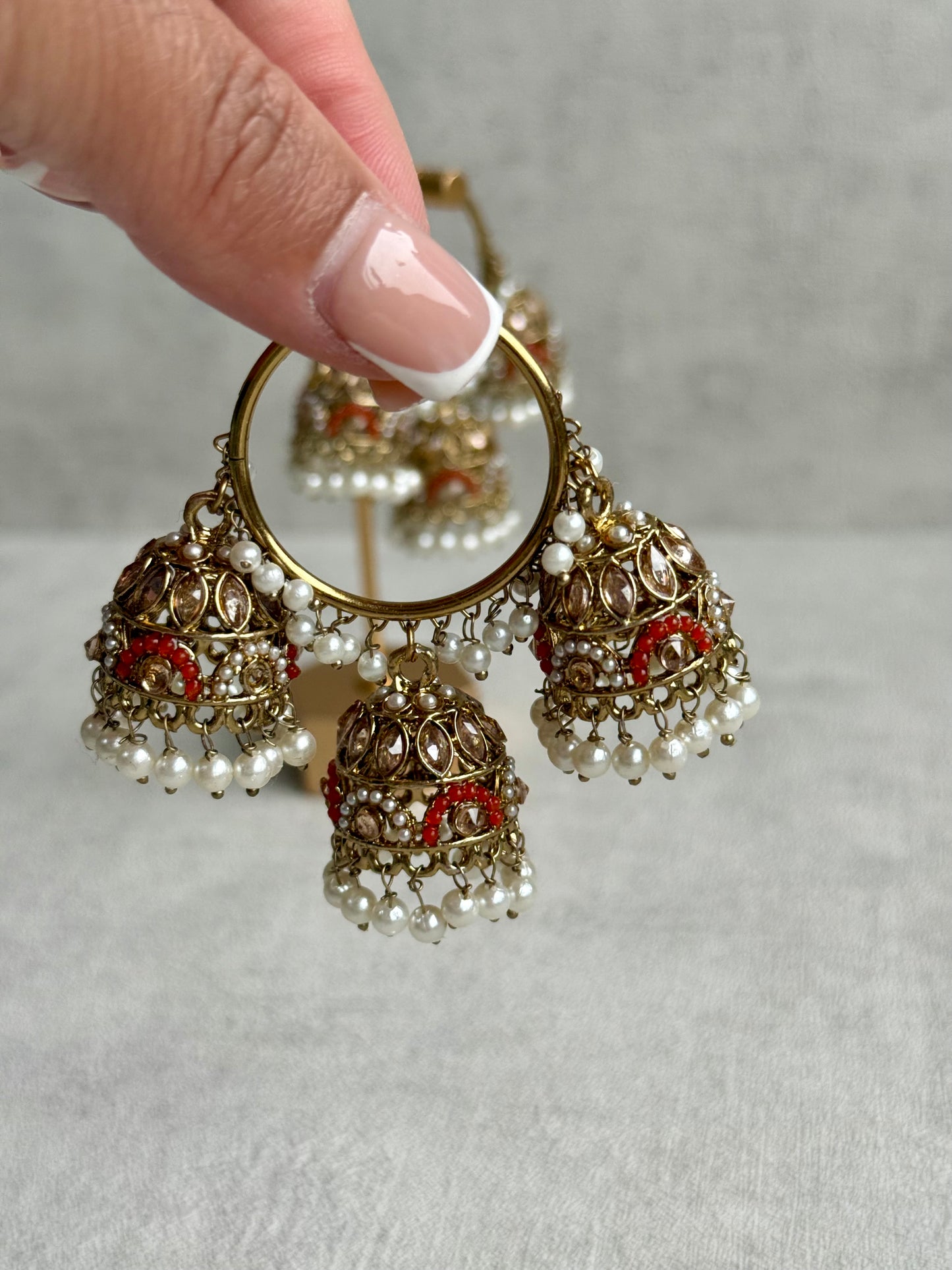 Ayura Designs Nakhra Balis – Orange Triple Dome Earrings with Mirror-Cut Stones & Pearl Detailing