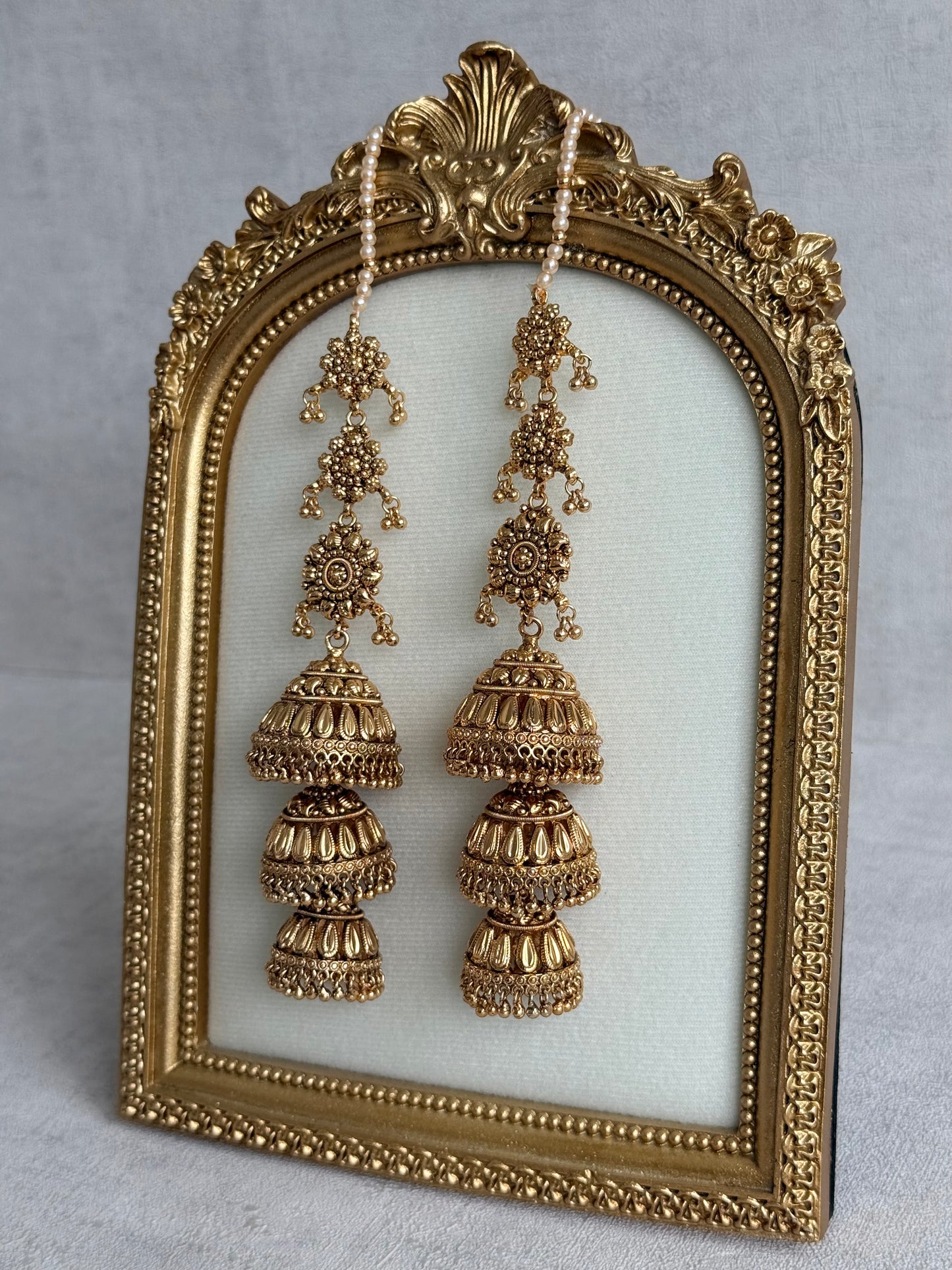 Ayura Designs Preet Sahare Jhumkis – Antique Gold Finish with Triple Dome Design