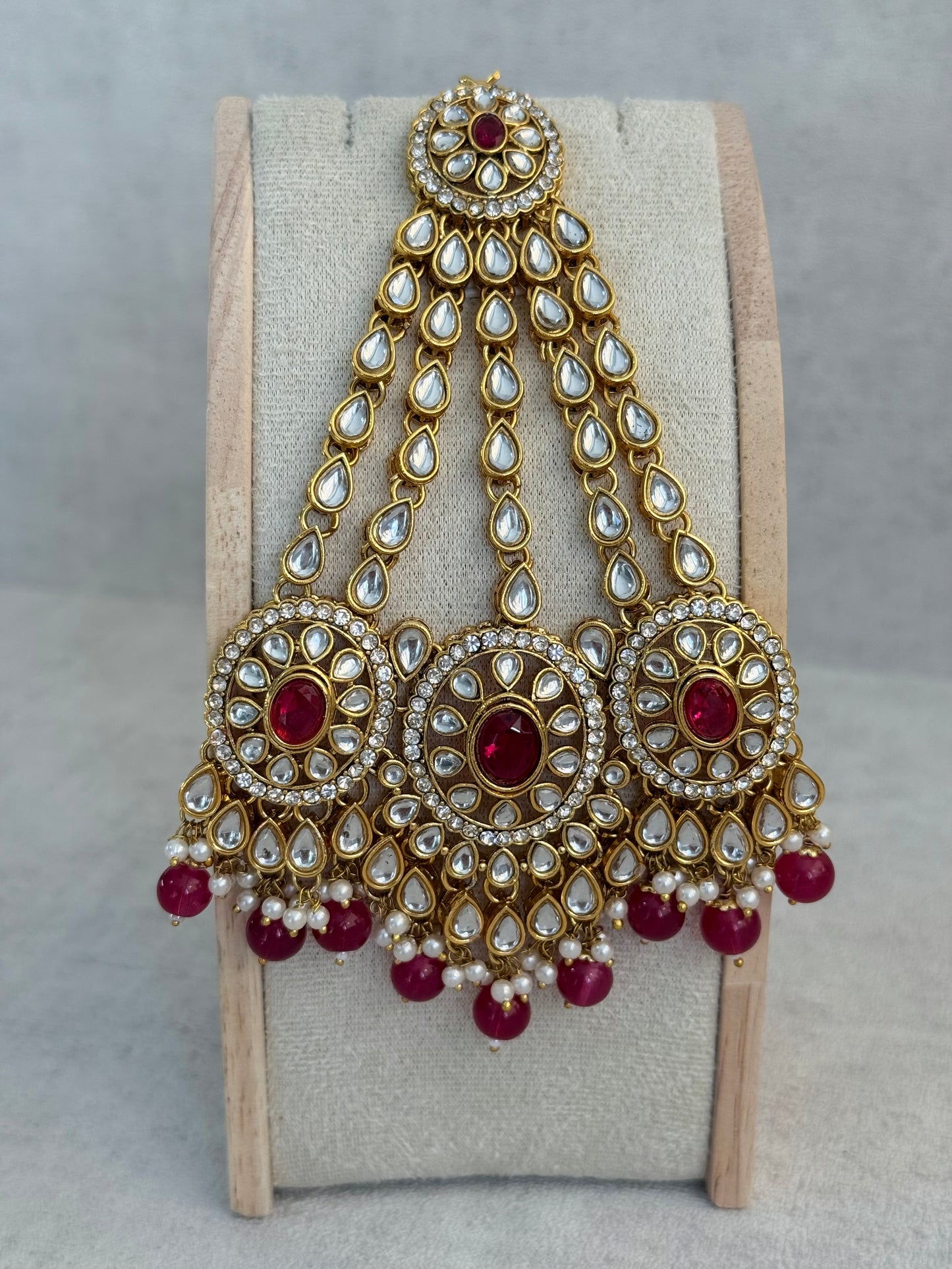 Ayura Designs Zara Set with Necklace, Earrings, Tikka & Passa – Antique Gold with Kundan Detailing & Rani Pink Beads