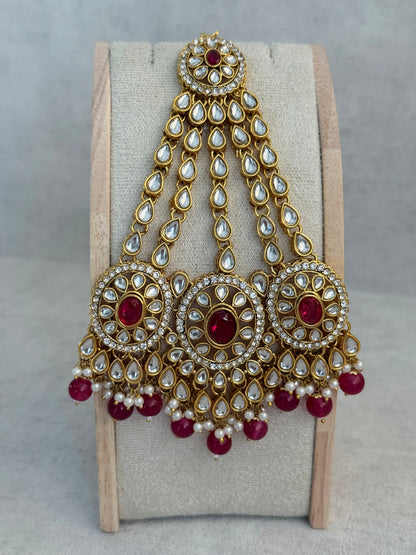 Ayura Designs Zara Set with Necklace, Earrings, Tikka & Passa – Antique Gold with Kundan Detailing & Rani Pink Beads