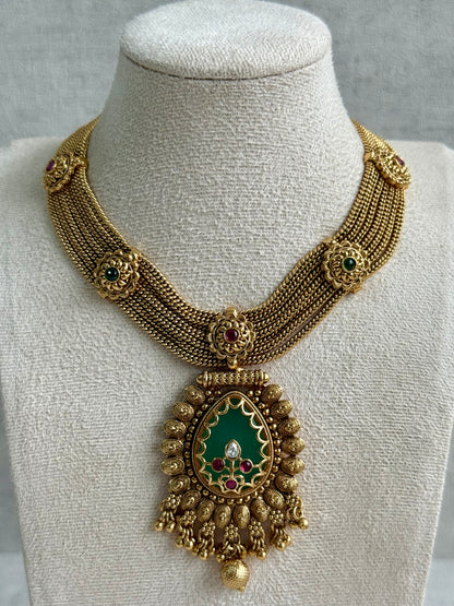 Ayura Designs Ishani Set – Necklace & Earrings with Antique Gold Finish, Pistachio Enamel, Ruby & Polki Detailing