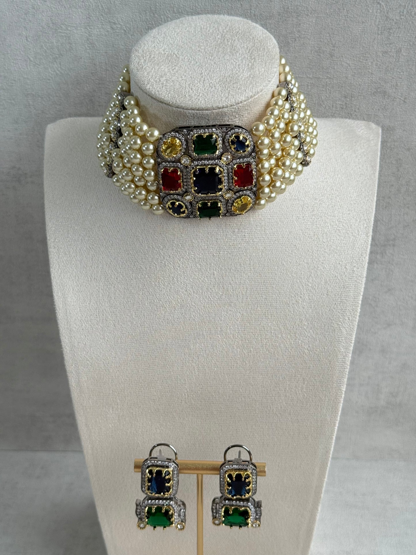 Ayura Designs Amelia Choker Set with Earrings – Moissanite Stonework with Layered Pearls in Antique Silver Finish (Deep Jewel Tones)