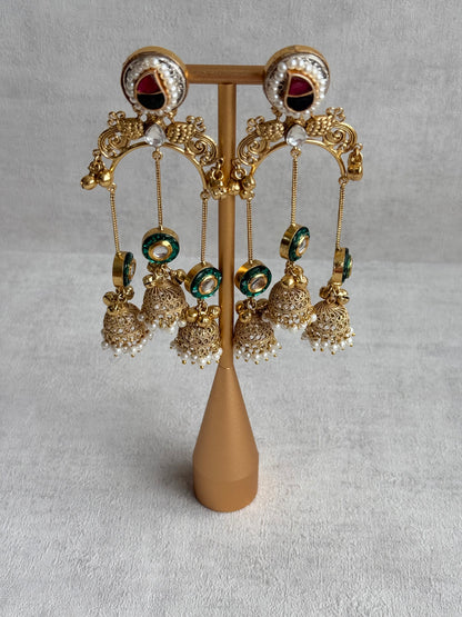 Ayura Designs Arzina Earrings – Triple Jhumki Earrings with Emerald Green Stones, Pearl Borders & Gold Detailing