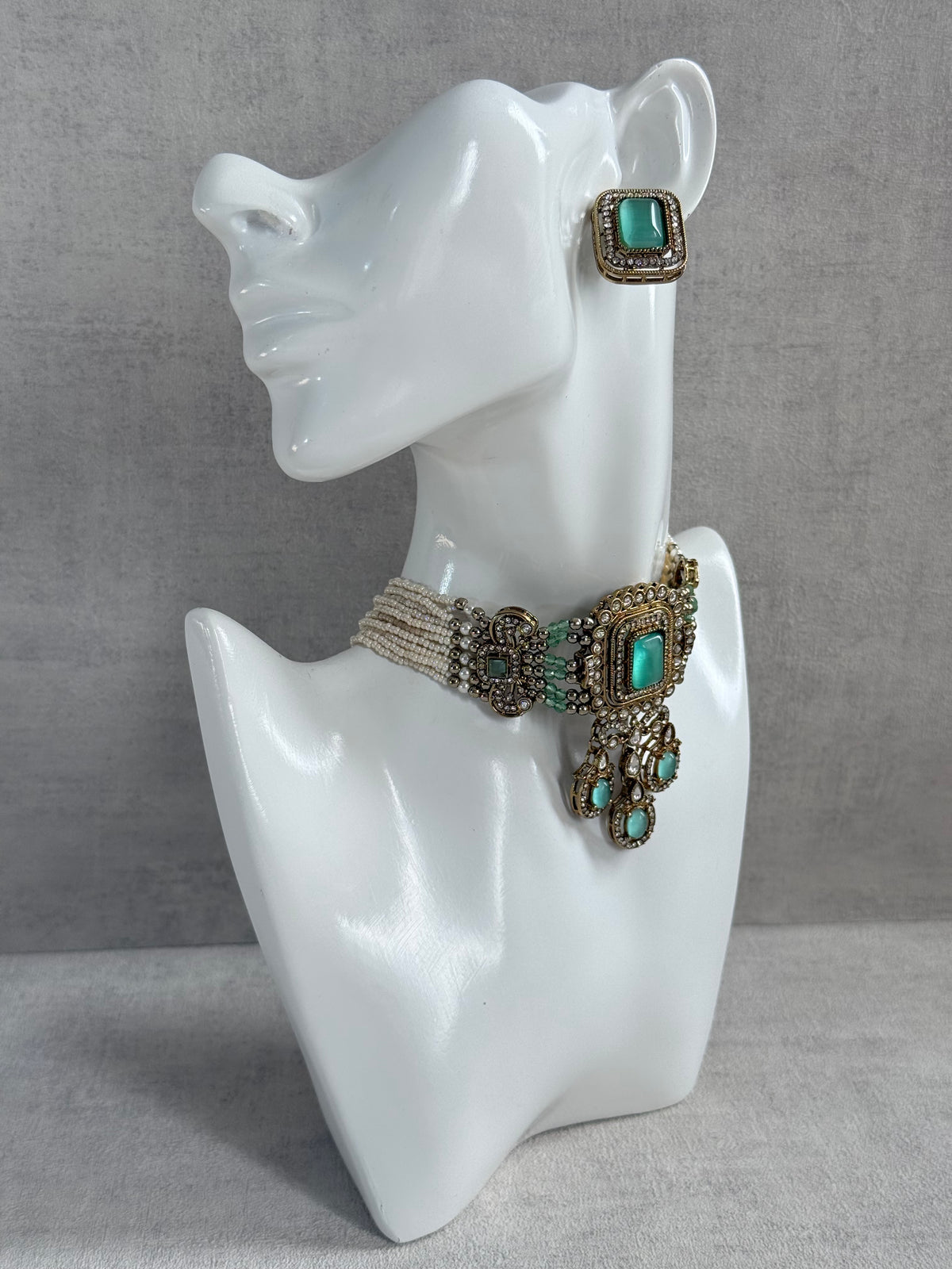 Ayura Designs Nabiha Choker Set with Studs – Aqua Green Stones, Pearl Detailing & Antique Gold Finish