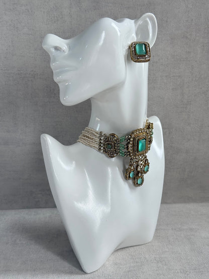Ayura Designs Nabiha Choker Set with Studs – Aqua Green Stones, Pearl Detailing & Antique Gold Finish