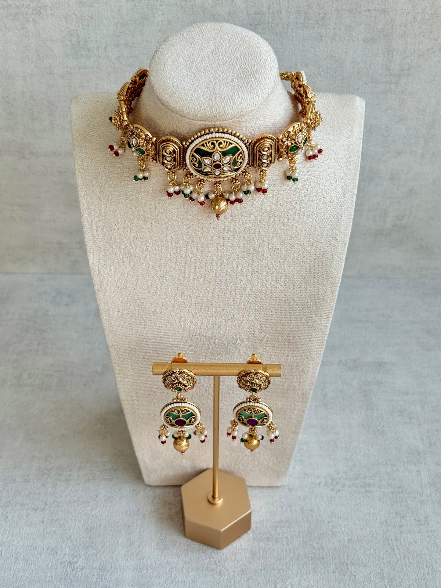Ayura Designs Haya Choker Set with Stud Earrings – Emerald Enamel with Rani Pink Stones and Pearl Drop Detailing