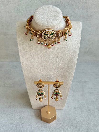 Ayura Designs Haya Choker Set with Stud Earrings – Emerald Enamel with Rani Pink Stones and Pearl Drop Detailing