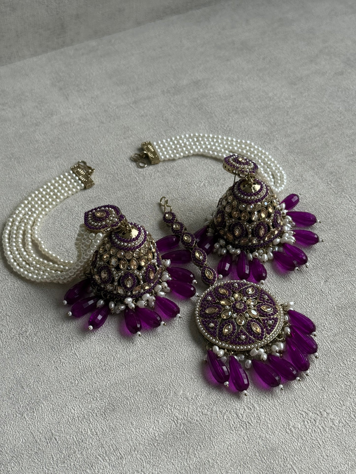 Ayura Designs Amrita Set – Jhumkis with Sahare & Tikka in Berry Purple, Pearls and Antique Gold Finish